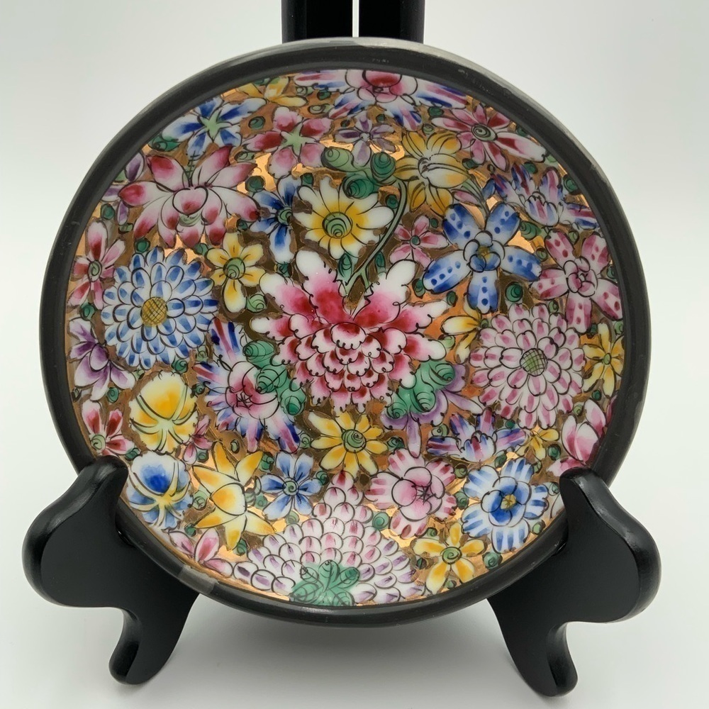 Pewter Encased Porcelain Bowl with Cloissonne Appearance Hand Painted Hong Kong